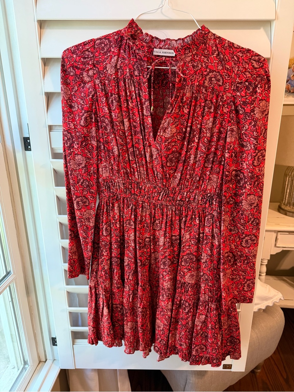 Ulla Johnson Red Floral Long-Sleeve Smocked-Waist Dress
